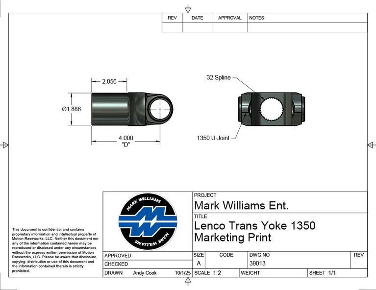 Mark Williams Lenco 1350 Series 32 Spline Transmission Slip Yoke (PN: 39013)