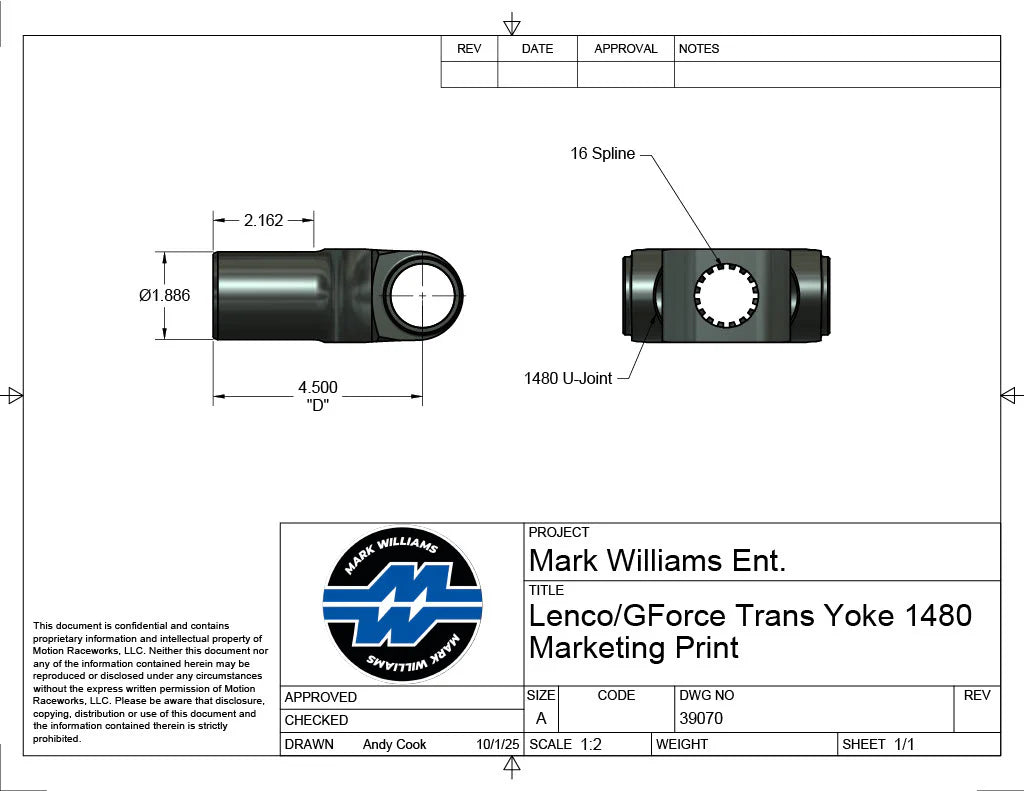 Mark Williams Lenco/G-Force 1480 series 16 Spline Transmission Slip Yoke (PN: 39070)