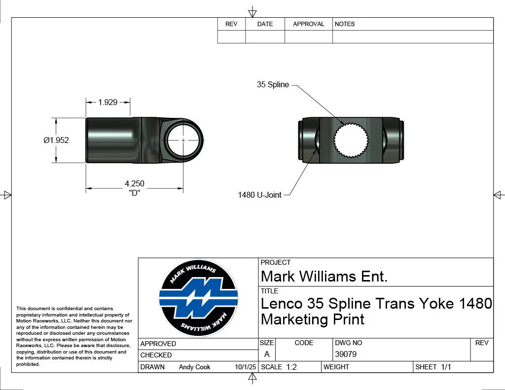 Mark Williams Lenco 1480 Series 35 Spline Transmission Slip Yoke (PN: 39079)