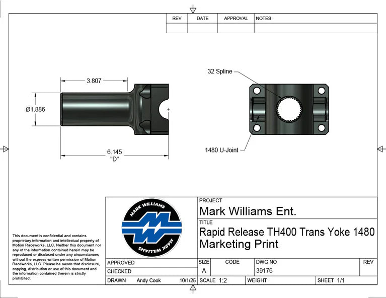 Mark Williams TH400/Super T-10 1480 Series 32 Spline Transmission Slip Yoke - Quick Release (PN: 39176)