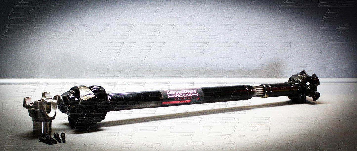 1350 Series Jeep JT Gladiator driveshaft combo in black and silver, featuring solid U-joints and hardware for enhanced durability.