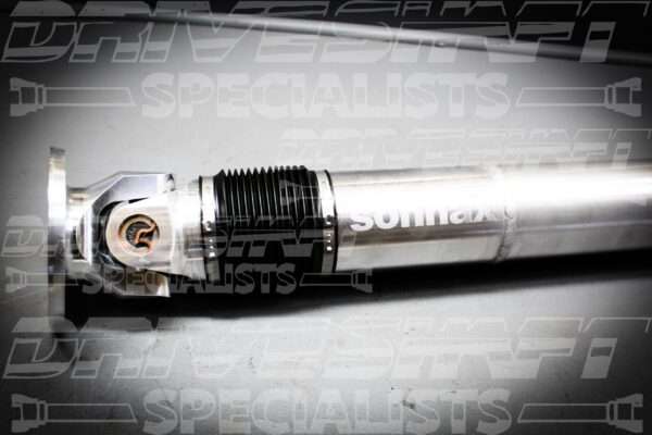 Aluminum slip shaft for 2008-09 Pontiac G8, featuring a polished finish, black rubber boot, and Sonnax branding, designed for performance.