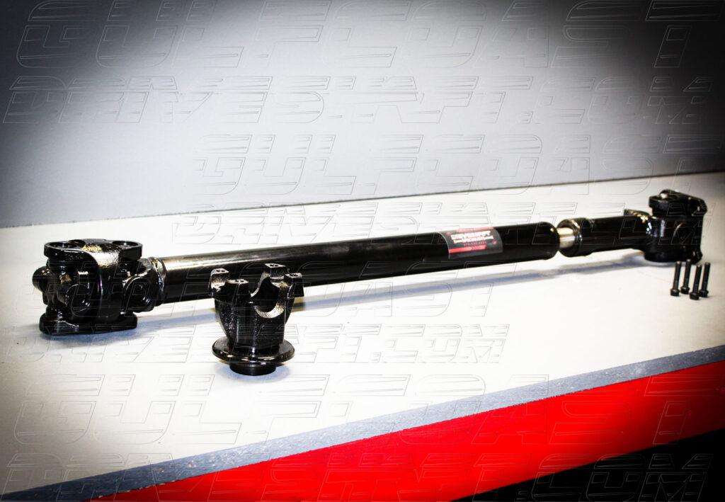 2007-18 Jeep JK 2 Door driveshaft combo with black tubing, solid U-joints, and hardware, designed for durability and performance.