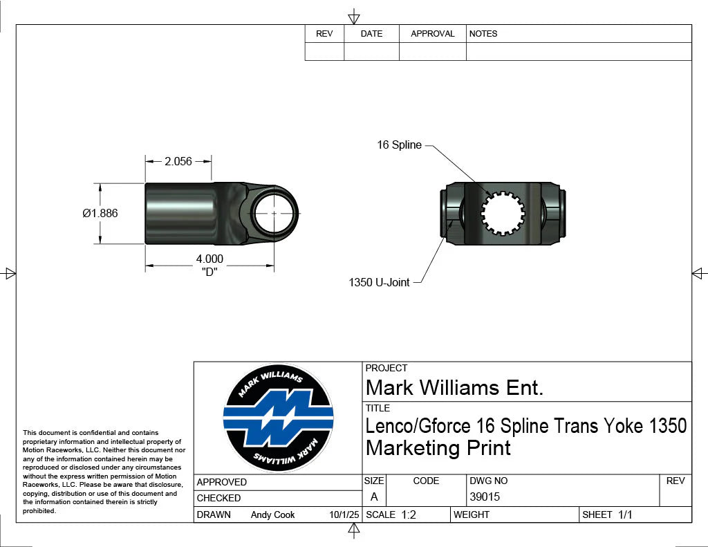 Mark Williams Lenco/G-Force 1350 Series 16 Spline Transmission Slip Yoke (PN: 39015)