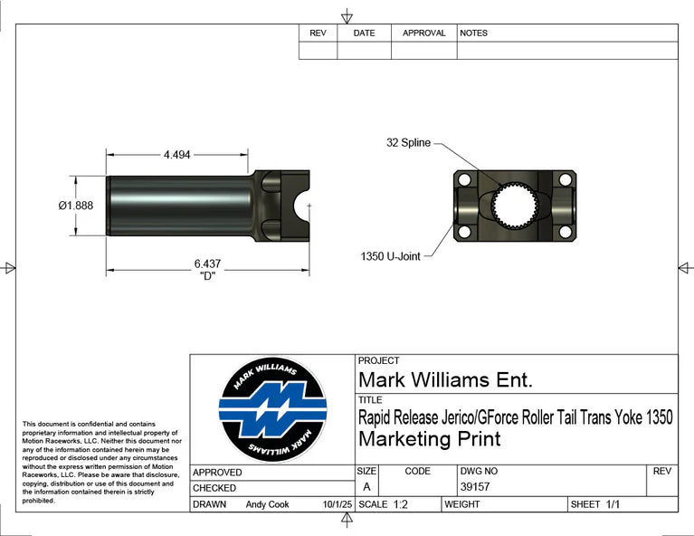 Mark Williams Liberty/G-Force/Jerico Roller Tail 1350 Series 32 Spline Transmission Slip Yoke - Quick Release (PN: 39157)