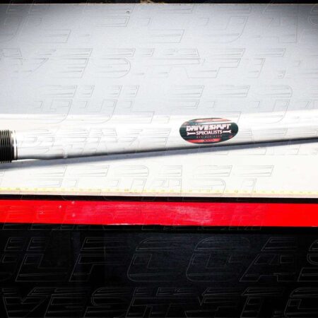 Aluminum driveshaft featuring a sleek silver finish and black branding, designed for 2016+ Cadillac CTS-V models with high performance.