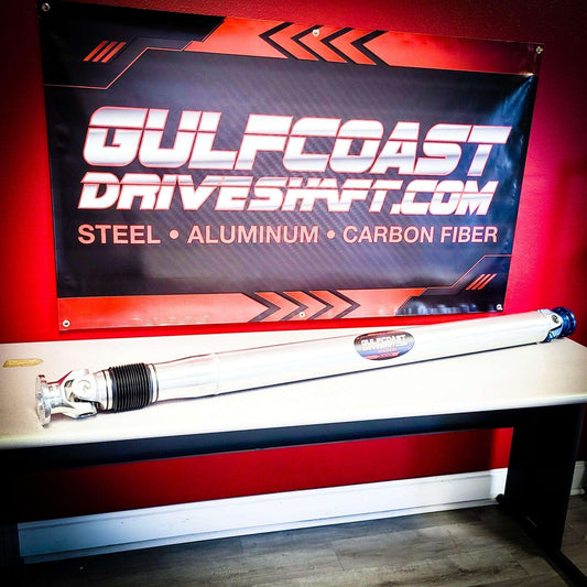 Aluminum drive shaft for 2015+ Dodge Charger Hellcat, featuring a sleek design with a silver finish and performance U-joints.