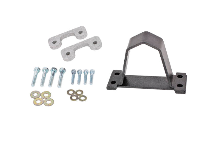 Black driveshaft safety loop made from laser-cut steel, accompanied by bolts and washers; includes mounting hardware for installation.