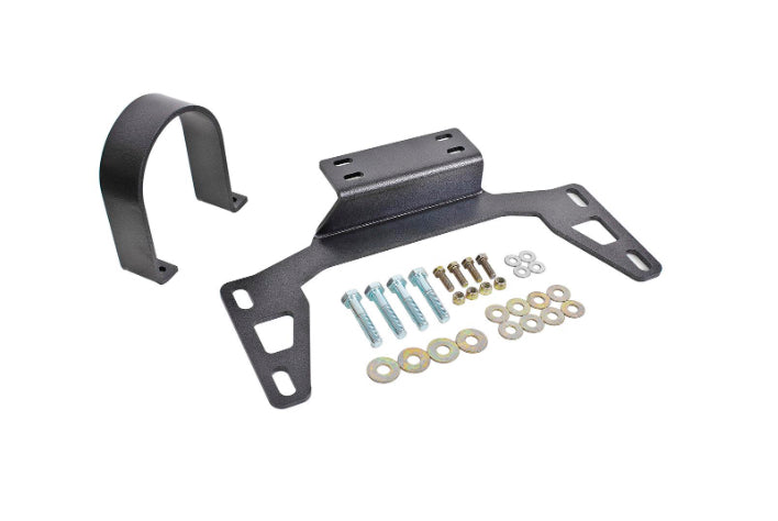 Black powder-coated driveshaft safety loop assembly with mounting hardware, designed for 2011+ Ford Mustang.