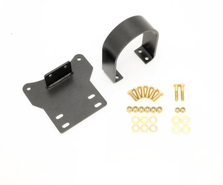 Black driveshaft safety loop and mounting bracket with gold hardware, designed for 2014-2017 Chevy SS, NHRA compliant.