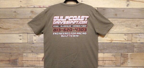 OD Green crewneck tee featuring the Gulf Coast Driveshaft logo printed across the back with contact details below.