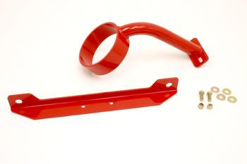 Red powder-coated driveshaft safety loop with mounting bracket and hardware, designed for 2005-2010 Ford Mustang.
