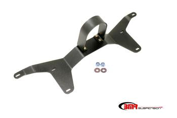 Black hammertone rear driveshaft safety loop with a sturdy bolt-on design, featuring three mounting holes and included hardware.