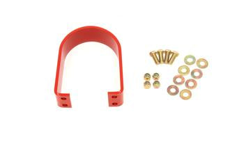 Red powder-coated driveshaft safety loop for 2005-2014 Mustang, with Grade 8 hardware for easy bolt-on installation.