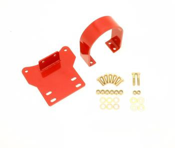 Red driveshaft safety loop kit for 2014-2017 Chevy SS, includes a curved loop, mounting plate, and hardware set.