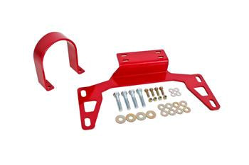 Red powder-coated driveshaft safety loop with mounting hardware, designed for 2011-2025 Ford Mustang, ensuring NHRA compliance.