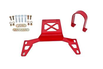 Red 2-piece driveshaft safety loop with Grade 8 hardware, designed for 2007-2014 Ford Shelby GT500, ensuring NHRA compliance.